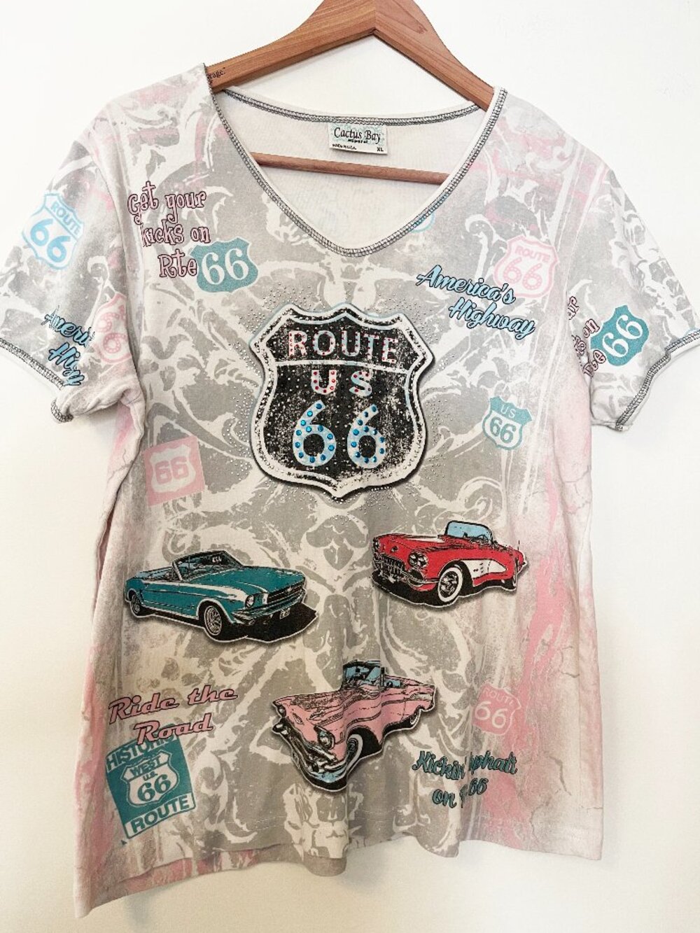 Cactus Bay Route 66 Graphic T Shirt Women’s XL Classic Cars Rhinestone USA